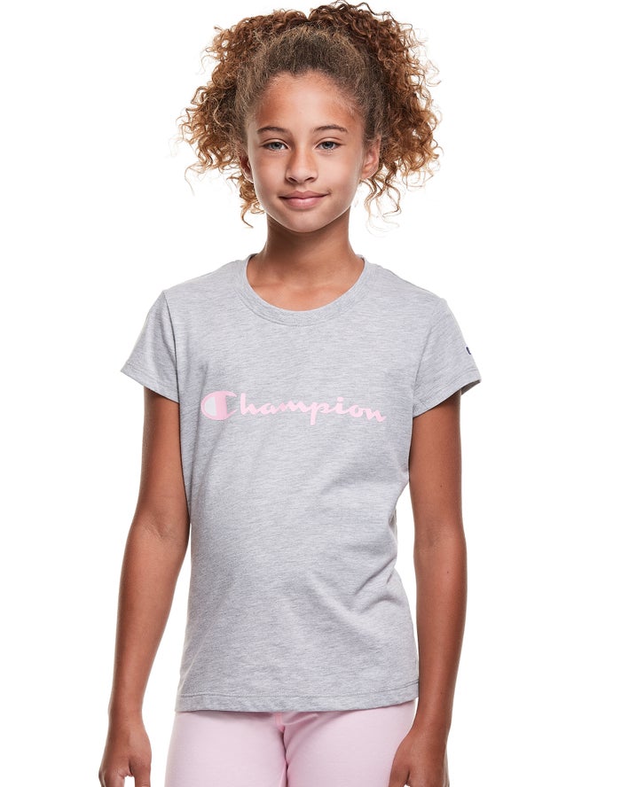 Champion Pige T-Shirts Grå - Classic Script Logo - Danmark CTG-940827